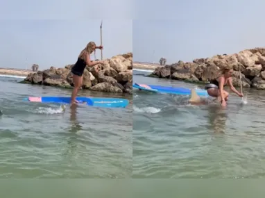 Imagem ilustrativa da imagem VÍDEO | Tubarão derruba mulher de prancha de stand-up paddle