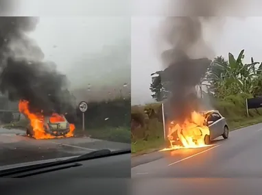 Imagem ilustrativa da imagem VÍDEO | Carro pega fogo em rodovia no Sul do ES e família escapa ilesa