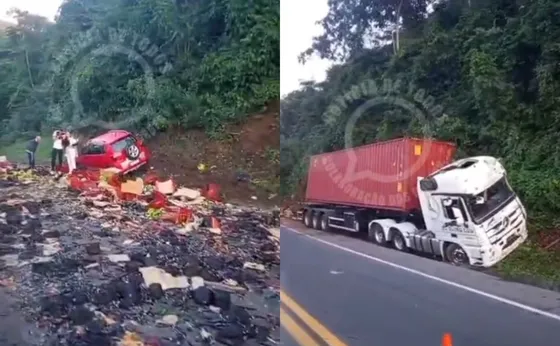 Imagem ilustrativa da imagem Acidente entre carreta, caminhão e carro causa morte e interdita BR-101 no ES