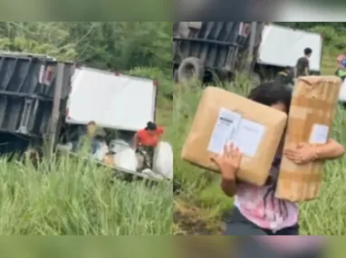 Imagem ilustrativa da imagem Carreta tomba na BR-101 e carga é saqueada no ES