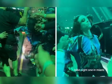 Imagem ilustrativa da imagem Fã puxa Billie Eilish e cantora cai em grade de proteção durante show