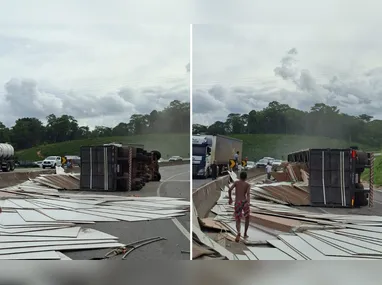 Carreta transportava um bloco de granito que se desprendeu da carroceria e caiu na pista