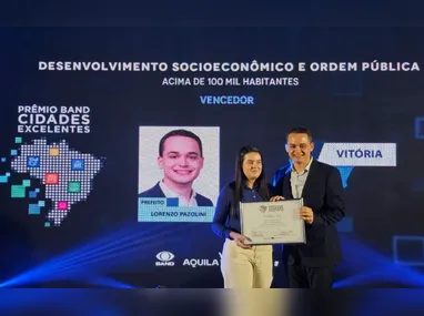 Primeiro lugar na categoria de cidades com mais de 100 mil habitantes ficou com Vitória, representada na premiação pelo prefeito Lorenzo Pazolini