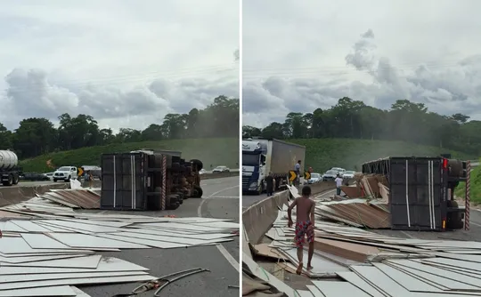 Imagem ilustrativa da imagem Carreta tomba e interdita trânsito na BR-101 em Ibiraçu