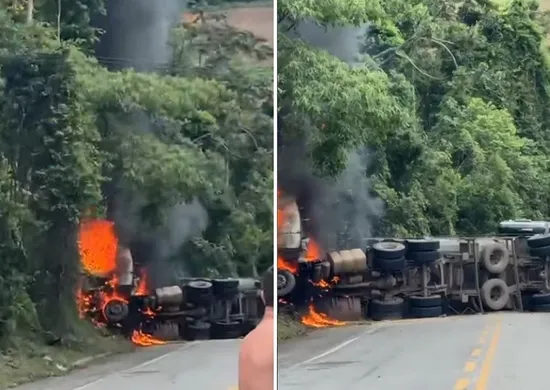 Imagem ilustrativa da imagem BR-262 fica interditada após carreta tombar e pegar fogo em Domingos Martins