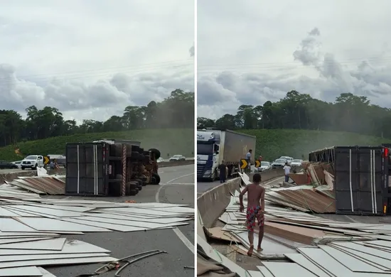 Imagem ilustrativa da imagem Carreta tomba e interdita trânsito na BR-101 em Ibiraçu