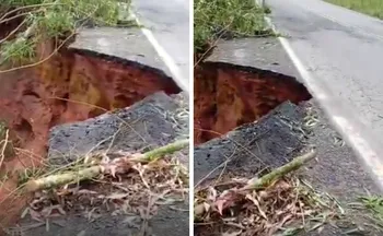 Imagem ilustrativa da imagem Após chuvas intensas, asfalto cede em trecho da BR-262 no Sul do ES
