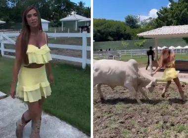 Imagem ilustrativa da imagem Nicole Bahls quase é atingida por cabeçada de vaca em momento inusitado