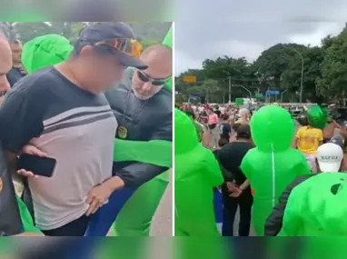 Imagem ilustrativa da imagem VÍDEO | Policiais fantasiados de alien prendem homem em bloco de Carnaval