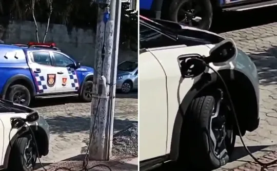 Imagem ilustrativa da imagem VÍDEO | Motorista  faz “gato” para carregar carro elétrico em Vitória