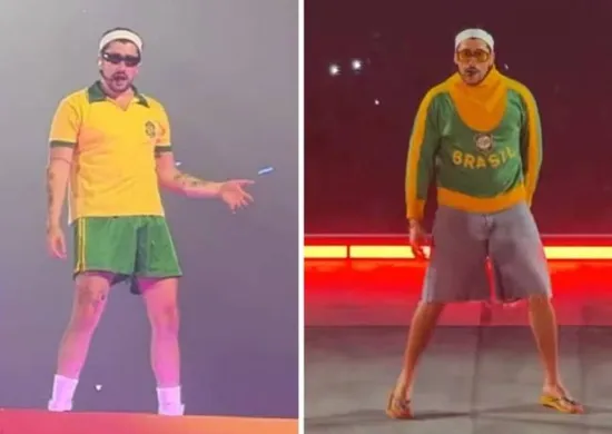 Imagem ilustrativa da imagem Bad Bunny veste casaco de Pelé, usado na Copa de 1966, durante show no Brasil