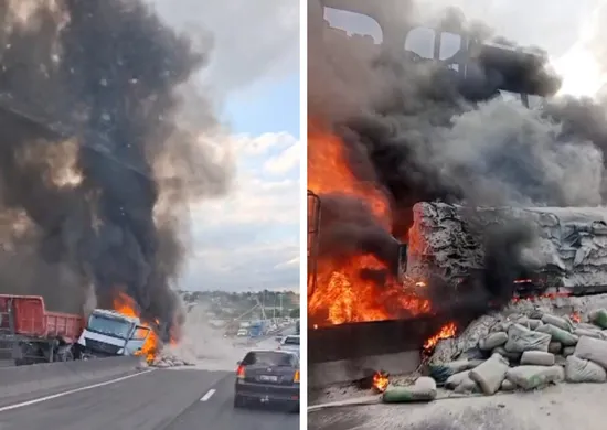 Imagem ilustrativa da imagem Carretas pegam fogo após colidirem em rodovia no ES