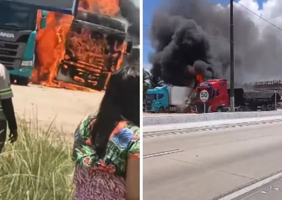 Imagem ilustrativa da imagem Fogo consome caçamba e carreta nova na BR-101 em Igarassu