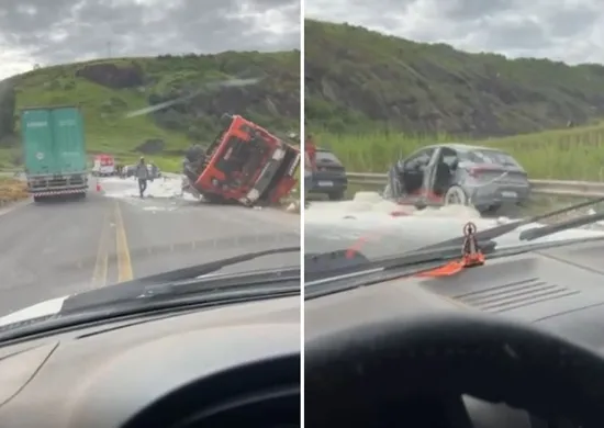 Imagem ilustrativa da imagem Quatro pessoas ficam feridas após carreta tombar na BR 259, em João Neiva