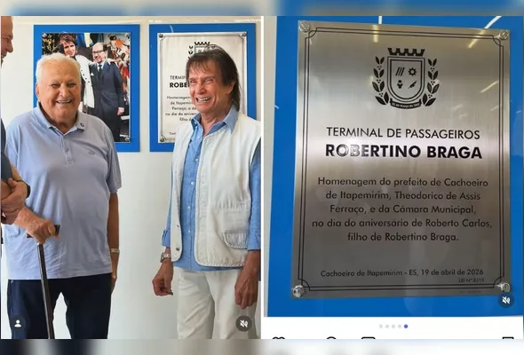 O prefeito de Cachoeiro, Theodorico de Assis Ferraço e Roberto Carlos durante entrega da placa com o nome do novo terminal de passageiros do aeroporto do município