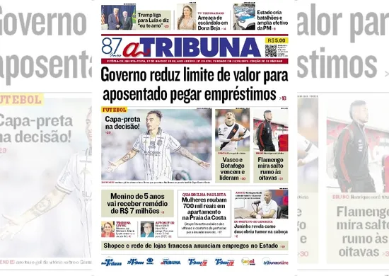 Imagem ilustrativa da imagem Confira os destaques do jornal A Tribuna desta quinta-feira