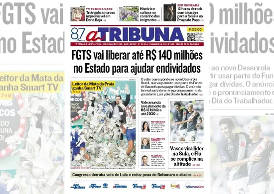 Imagem ilustrativa da imagem Confira os destaques do jornal A Tribuna desta sexta-feira