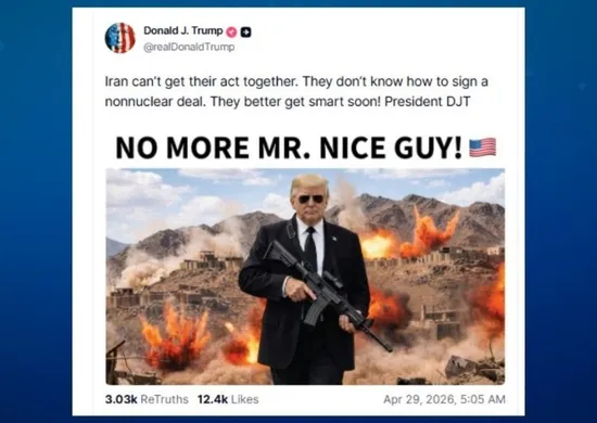 Imagem ilustrativa da imagem Trump diz que cansou de ser 'bonzinho' com Irã e exibe imagem de IA com fuzil