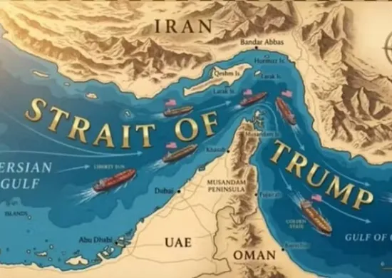 Imagem ilustrativa da imagem Trump posta imagem do Estreito de Hormuz renomeado como 'Estreito de Trump'
