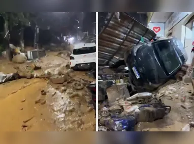 Imagem ilustrativa da imagem Chuva causa deslizamento na Rocinha e arrasta veículos no RJ