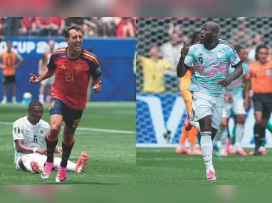 Mikel Merino (6) , da Espanha, comemora após marcar gol na partida entre Espanha e Bélgica válida pelas quartas de final da Copa do Mundo de 2026, realizada no SoFi Stadium, em Inglewood, perto de Los Angeles, nos Estados Unidos, nesta sexta-feira, 10 de julho de 2026. A seleção espanhola venceu por 2 a 1 e avançou às semifinais