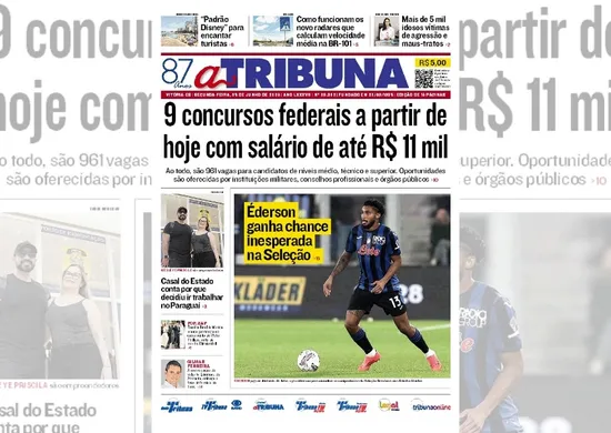 Imagem ilustrativa da imagem Confira os destaques do jornal A Tribuna desta segunda-feira