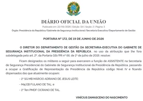 Imagem ilustrativa da imagem GSI nomeia major 'Fulano de Tal' e tenente 'Cicrano de Tal' para segurança de Lula