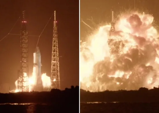 Imagem ilustrativa da imagem VÍDEO: foguete da Blue Origin explode na plataforma de lançamento durante teste