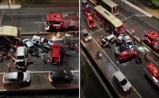 Imagem ilustrativa da imagem Acidente entre ônibus, carros e viatura da PM deixa feridos na BR-101 em Viana