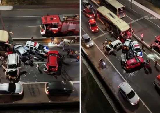 Imagem ilustrativa da imagem Acidente entre ônibus, carros e viatura da PM deixa feridos na BR-101 em Viana