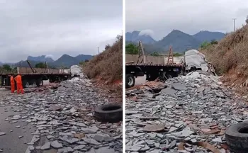Imagem ilustrativa da imagem Carreta carregada com granito tomba e interdita rodovia no ES