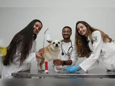 Rafael Seckler, coordenador de ensino, ao lado dos alunos Luiza, Lara e Lucca. Novidades do Enem já começam a ser analisadas entre os estudantes