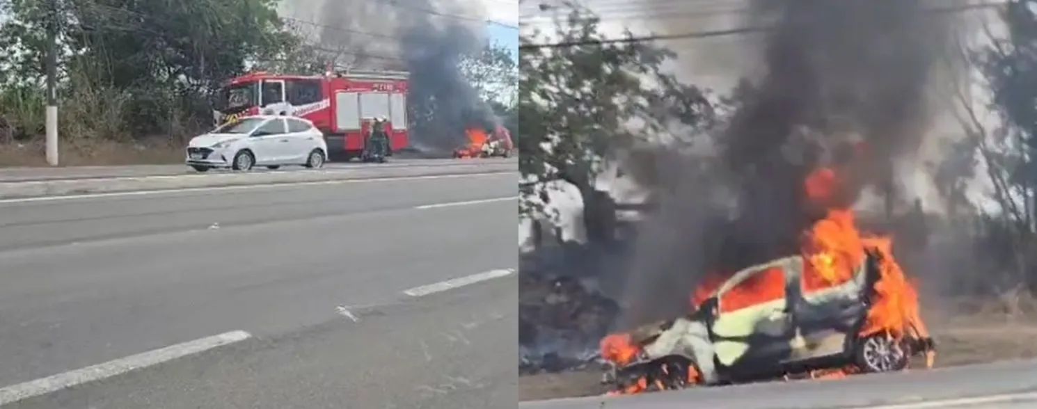 Imagem ilustrativa da imagem VÍDEO | Carro pega fogo e interdita rodovia na Serra