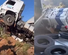 Imagem ilustrativa da imagem Jovem fica preso às ferragens após carreta tombar e atingir carro e viatura no ES