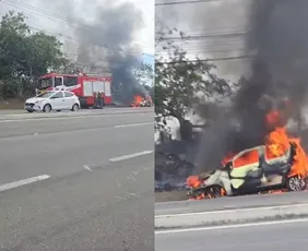 Imagem ilustrativa da imagem VÍDEO | Carro pega fogo e interdita rodovia na Serra