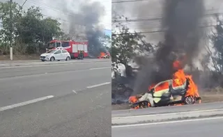 Imagem ilustrativa da imagem VÍDEO | Carro pega fogo e interdita rodovia na Serra