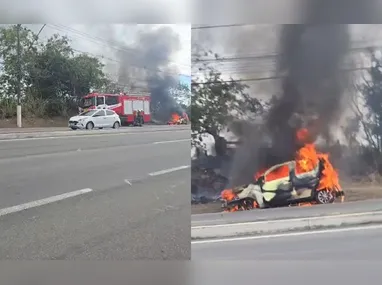 Imagem ilustrativa da imagem VÍDEO | Carro pega fogo e interdita rodovia na Serra