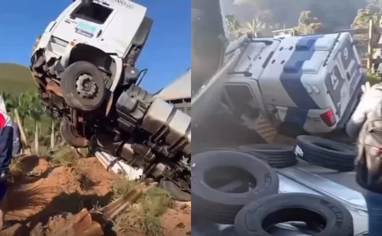 Imagem ilustrativa da imagem Jovem fica preso às ferragens após carreta tombar e atingir carro e viatura no ES