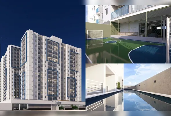 Projeção do Monte Athos Residencial Clube, que será erguido em Santa Inês, Vila Velha: nos destaques ao lado, a quadra e a piscina