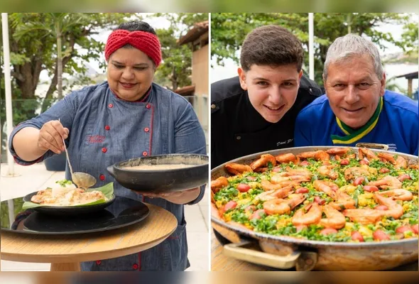 Suzy Ferreira com o creme de camarão ao leite de castanha-do-Pará. Já os chefs Davi Pires e Gilson Surrage mostram a tradicional paella marinera, prato símbolo do evento