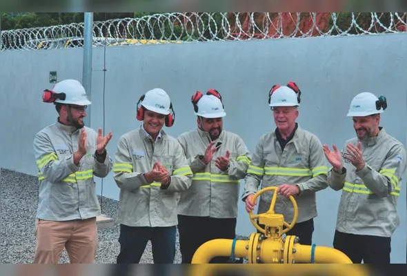Pereira, Ricardo Ferraço, Borges, Casagrande e Bertollo na solenidade do início da oferta de gás canalizado