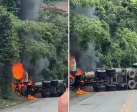 Imagem ilustrativa da imagem BR-262 fica interditada após carreta tombar e pegar fogo em Domingos Martins