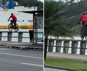 Imagem ilustrativa da imagem Ciclista chama atenção ao pedalar em cima de mureta na Av. Beira Mar, em Vitória