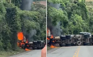 Imagem ilustrativa da imagem BR-262 fica interditada após carreta tombar e pegar fogo em Domingos Martins