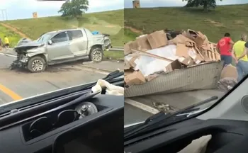 Imagem ilustrativa da imagem Carreta cai em ribanceira após colidir em caminhonete na BR-101 em Aracruz