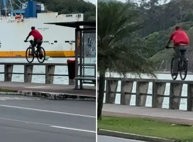 Imagem ilustrativa da imagem Ciclista chama atenção ao pedalar em cima de mureta na Av. Beira Mar, em Vitória