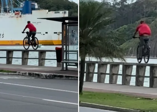 Imagem ilustrativa da imagem Ciclista chama atenção ao pedalar em cima de mureta na Av. Beira Mar, em Vitória