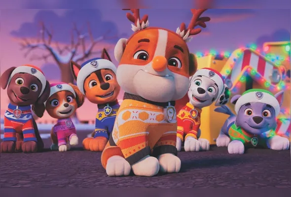 Turma da Patrulha Canina é enganada para ajudar o prefeito Humdinger a roubar as meias de todos em uma festa do pijama na véspera do Natal
