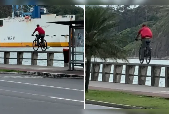 Ciclista foi flagrado pedalando na mureta da Av. Beiura-Mar