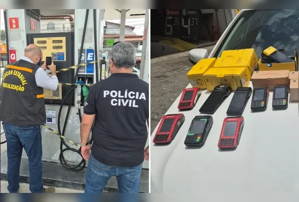 Além dos postos interditados, 20 maquininhas de cartão de crédito e débito foram apreendidas